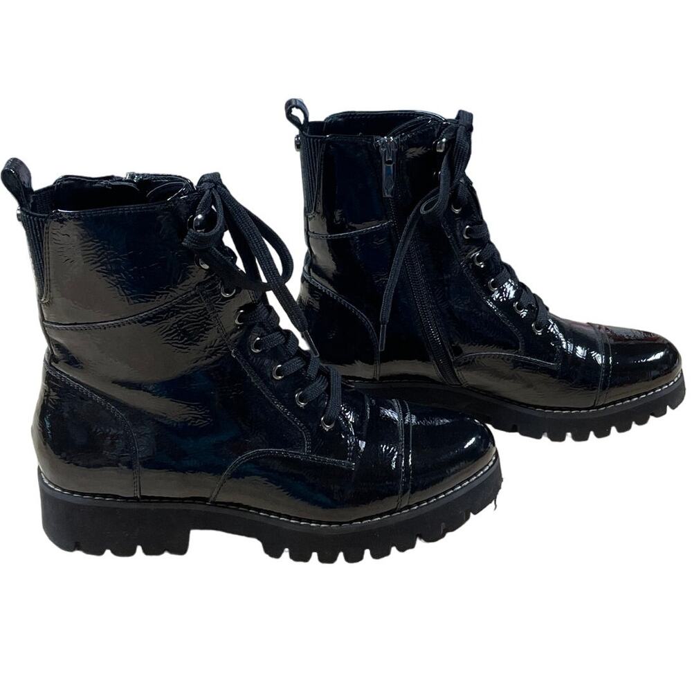 Donald Pliner Ease Lace Up Black Patent Leather Boots Size 7M EUC Punk Goth